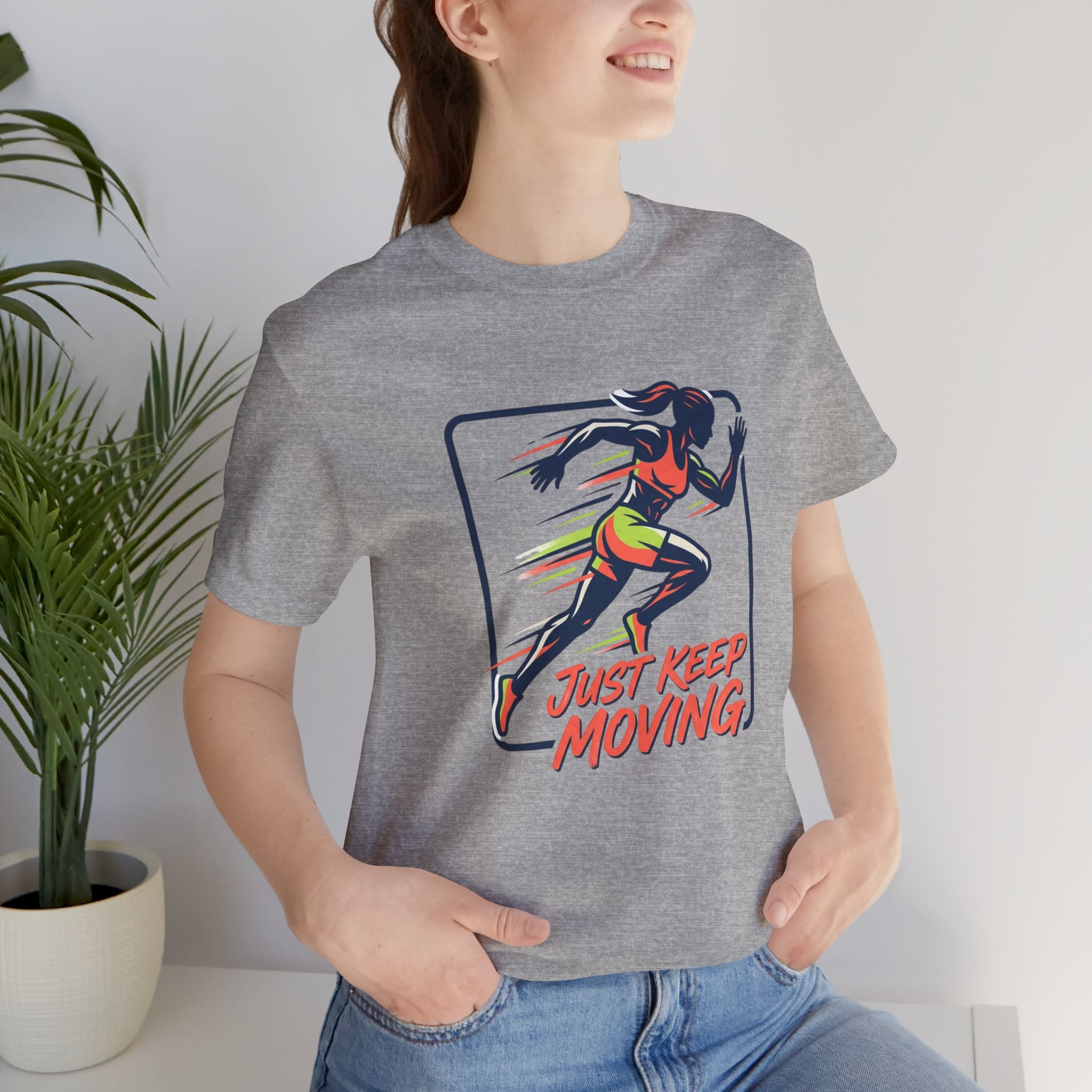 Just Keep Moving Running Graphic Tee | Motivational Fitness Shirt