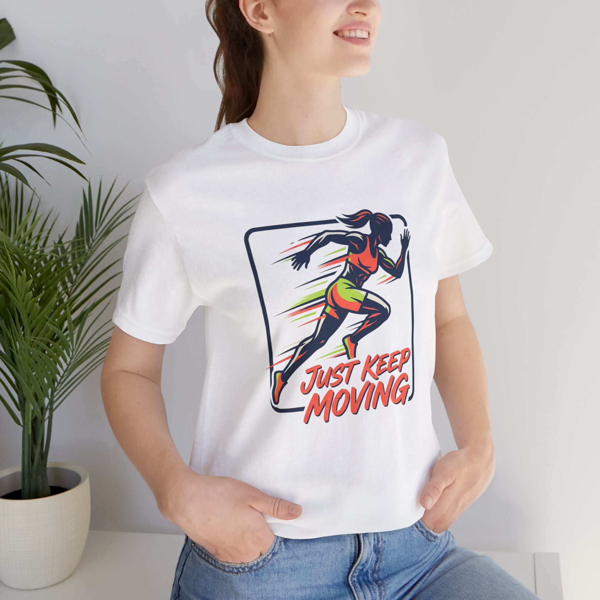 Just Keep Moving Running Graphic Tee | Motivational Fitness Shirt