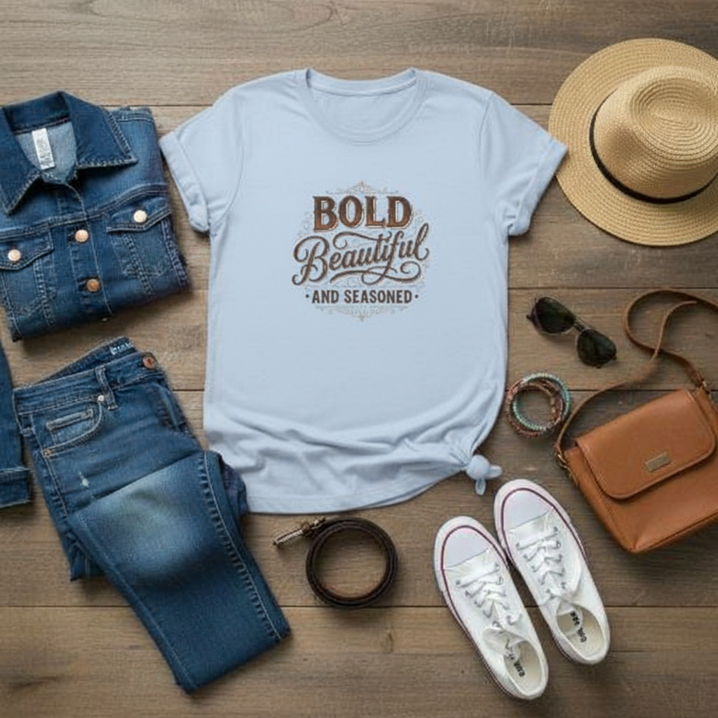 Bold Beautiful and Seasoned T-Shirt | Feminine Script Typography, Cooking Spice Theme