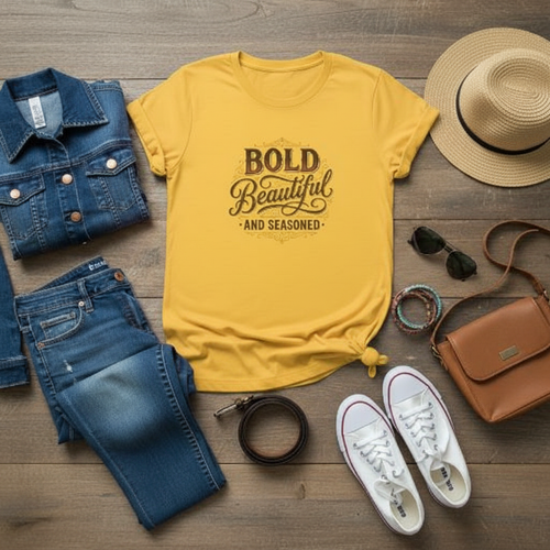 Bold Beautiful and Seasoned T-Shirt | Feminine Script Typography, Cooking Spice Theme