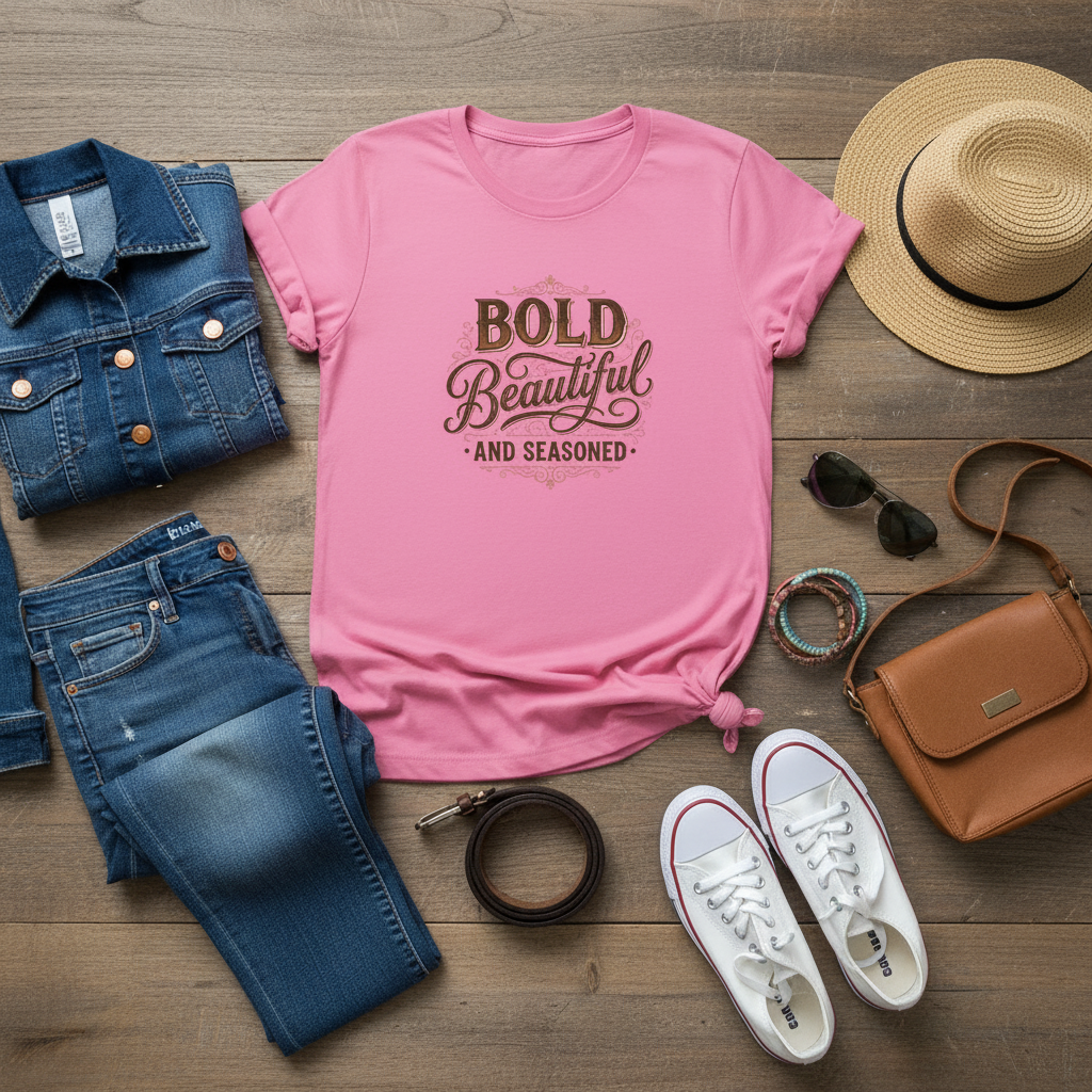 Bold Beautiful and Seasoned T-Shirt | Feminine Script Typography, Cooking Spice Theme