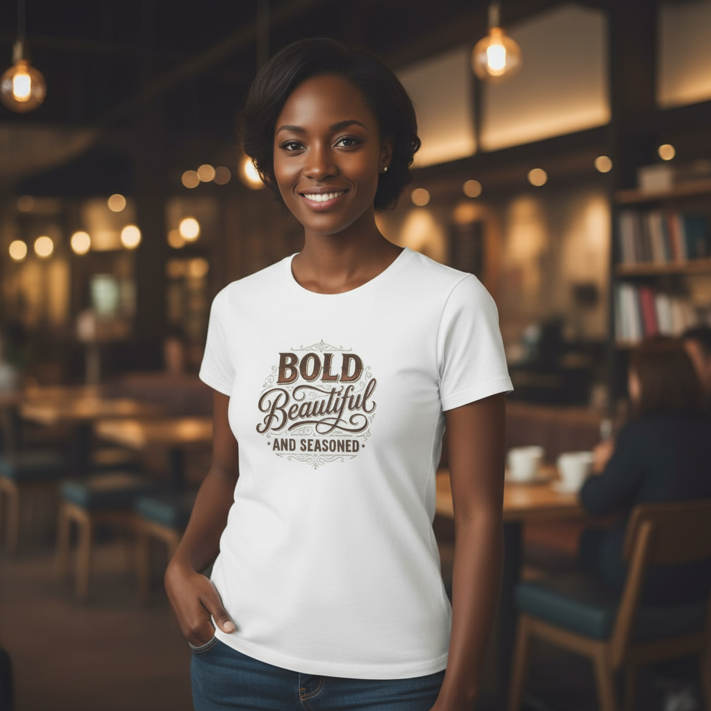 Bold Beautiful and Seasoned T-Shirt | Feminine Script Typography, Cooking Spice Theme