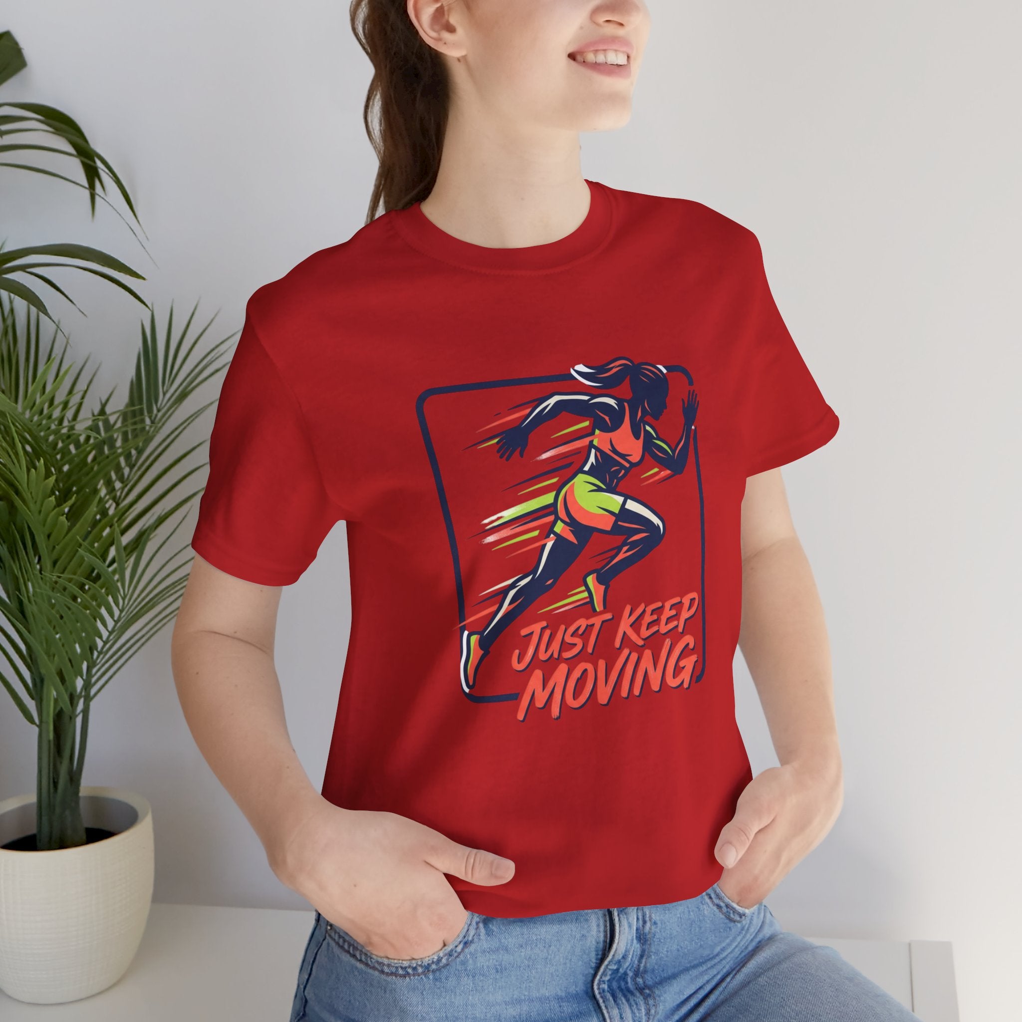 Just Keep Moving Running Graphic Tee | Motivational Fitness Shirt