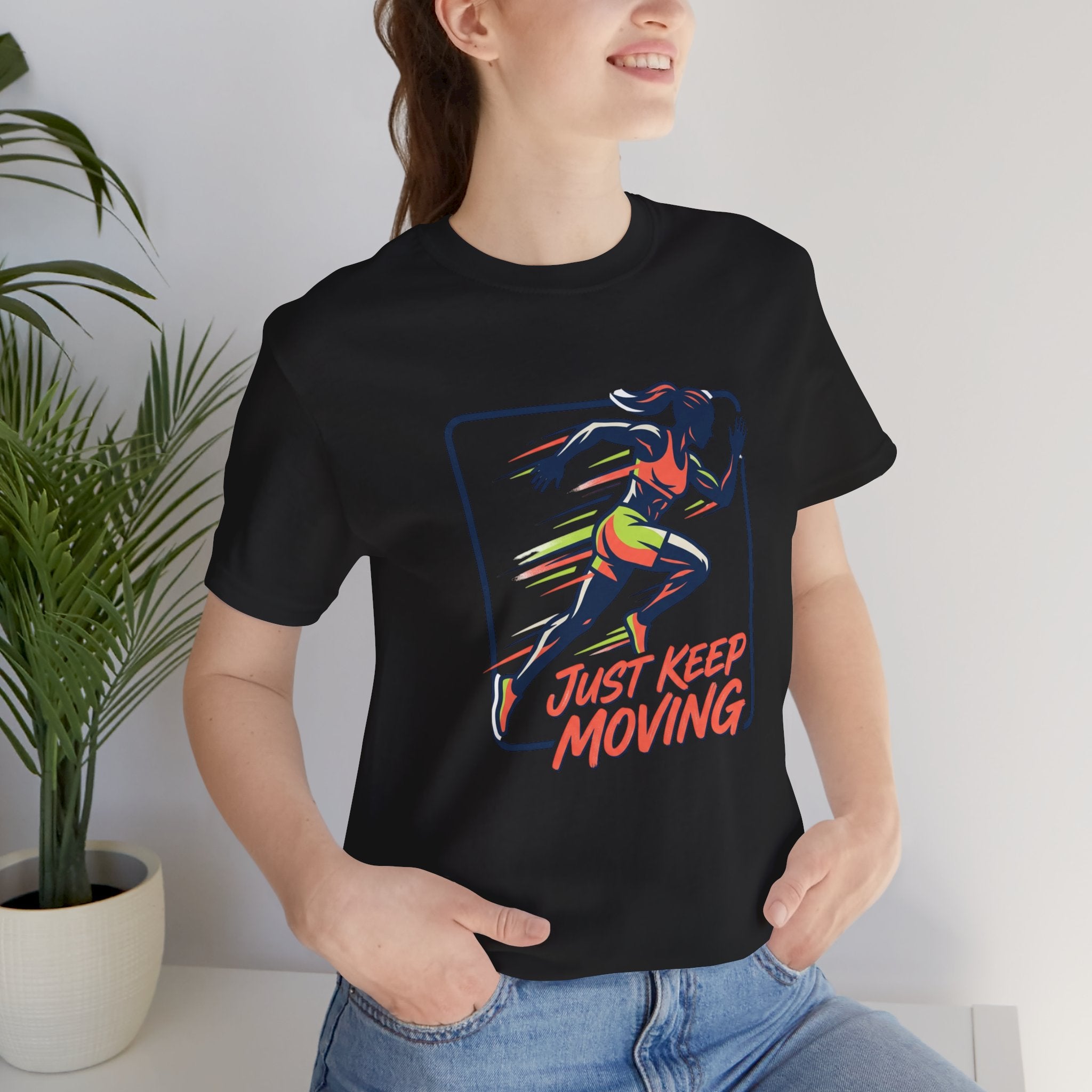 Just Keep Moving Running Graphic Tee | Motivational Fitness Shirt